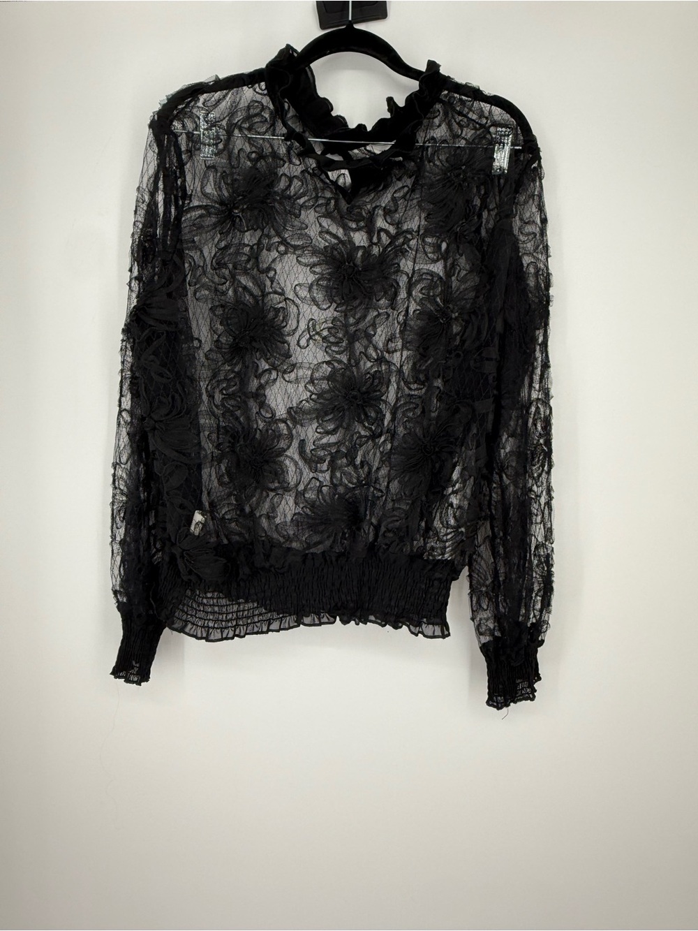 WoWo Black Lace Mesh 3D Ribbon Textured Top Smocked Hem‎ Keyhole Back 3X